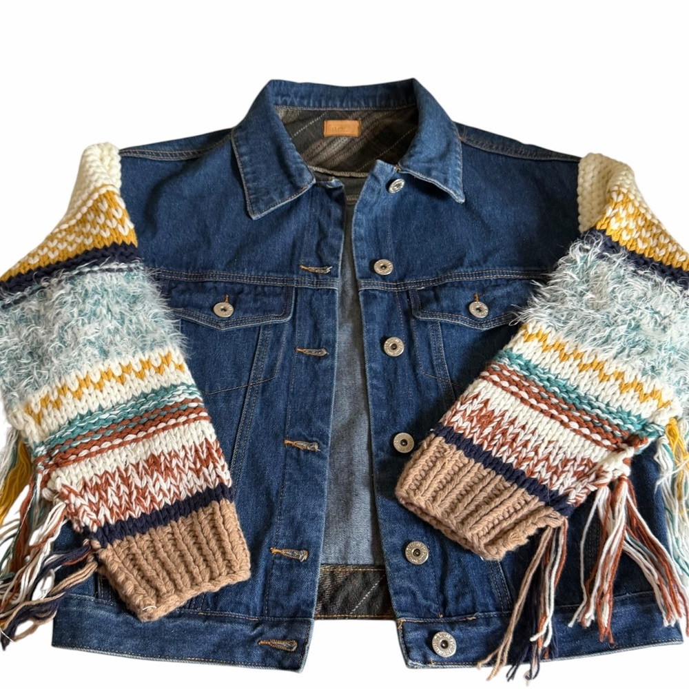 POL Denim Jacket with Multicolor Knit Fringe Sleeves Boho Festival Fall - Picture 4 of 7